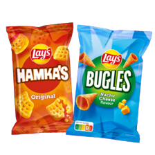 Lay's hamka's, wokkels, bugles, mama mia's, pomtips, ringlings, grills of Cheetos